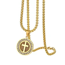 Men's Stainless Steel Cross Round Pendant With CZ Chain Prayer Necklace 22''