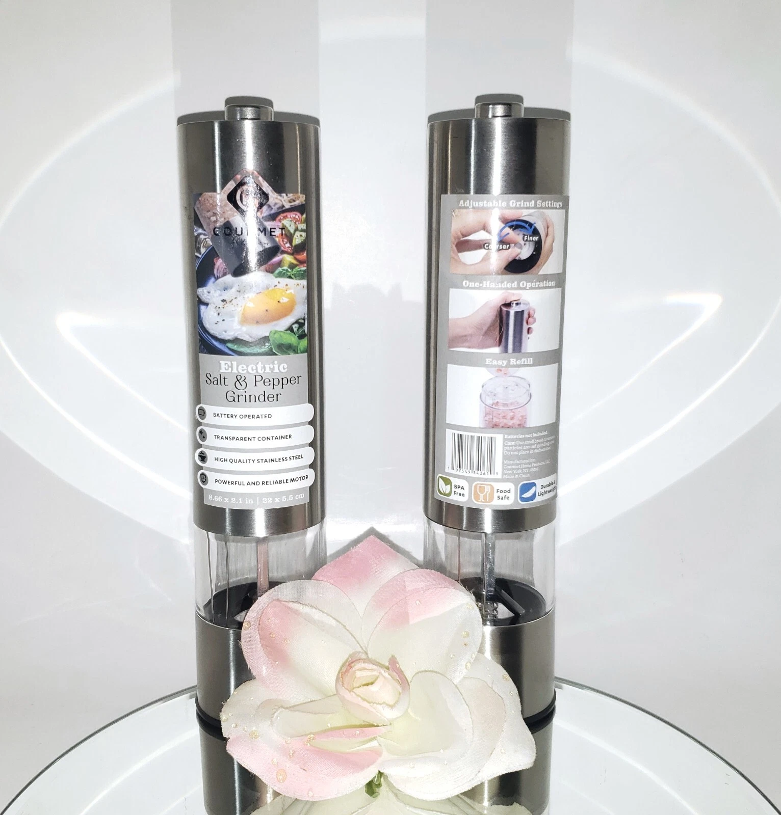 Gourmet Kitchen Electric Salt & Pepper Mill Grinder Set Stainless Steel BPA Free
