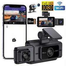 1080P Dash Cam Recorder 3-Channel HD Car Camera DVR Vehicle Video WIFI+32G Card