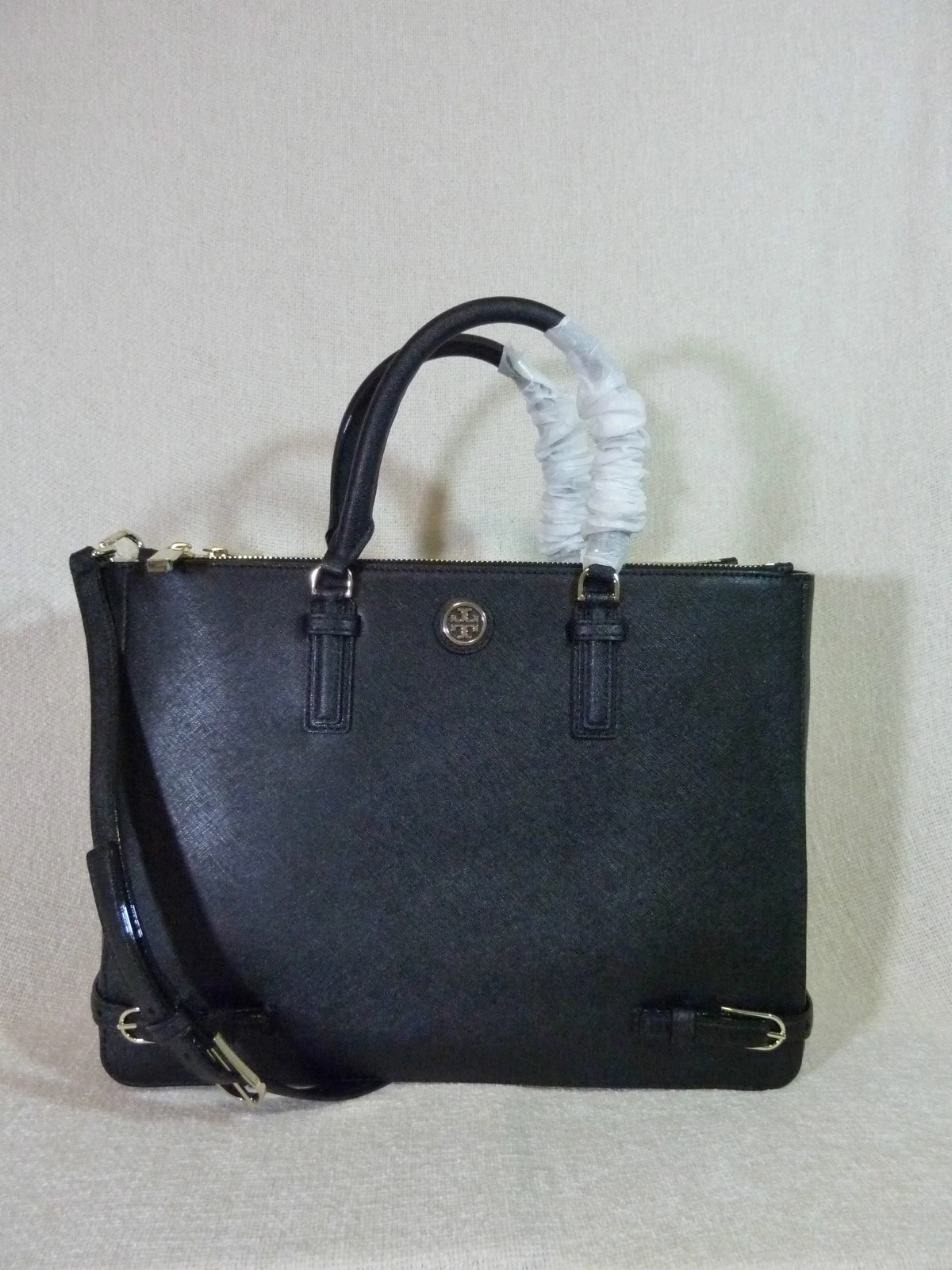 Nuova borsa multipla Tory Burch nera in pelle saffiano grande Robinson $595