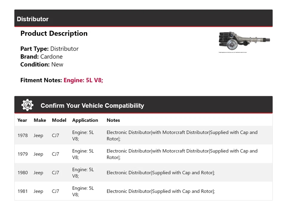Para Jeep CJ7 1978-1981 5L V8 Distribuidor Cardone 1979 1980 Foto 2 de 4
