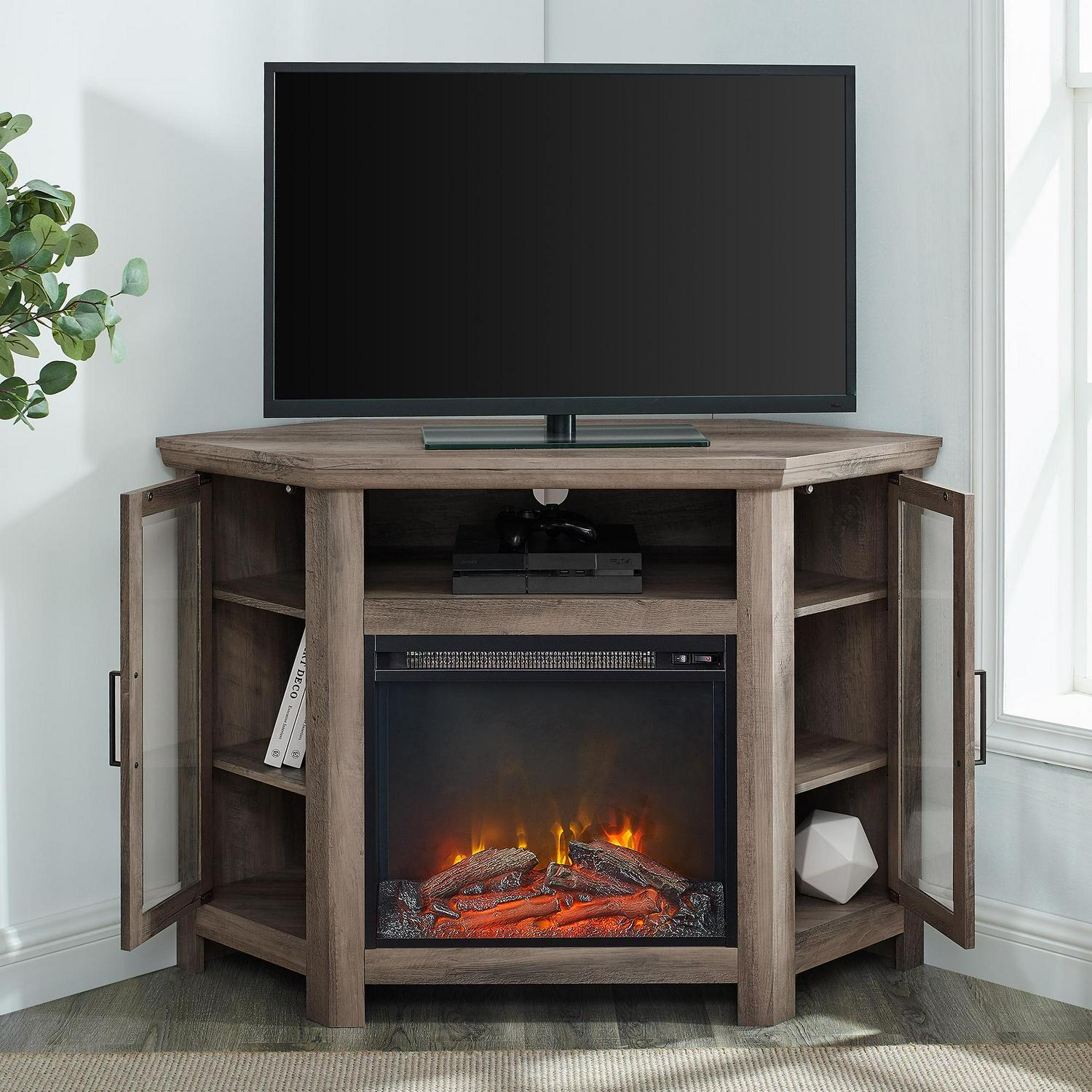 Corner Fireplace TV Stand For 50 Inch TV Wooden Media Console Storage Grey Wash