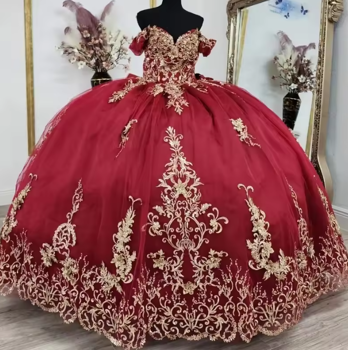 Red Princess Quinceanera Dresses Off Shoulder Gold Applique Lace Tull  vestido | eBay