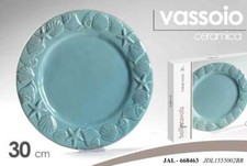 PIATTO VASSOIO CUCINA TONDO CERAMICA BLU AZZURRO DECO MARE CONCHIGLIE 30 CM