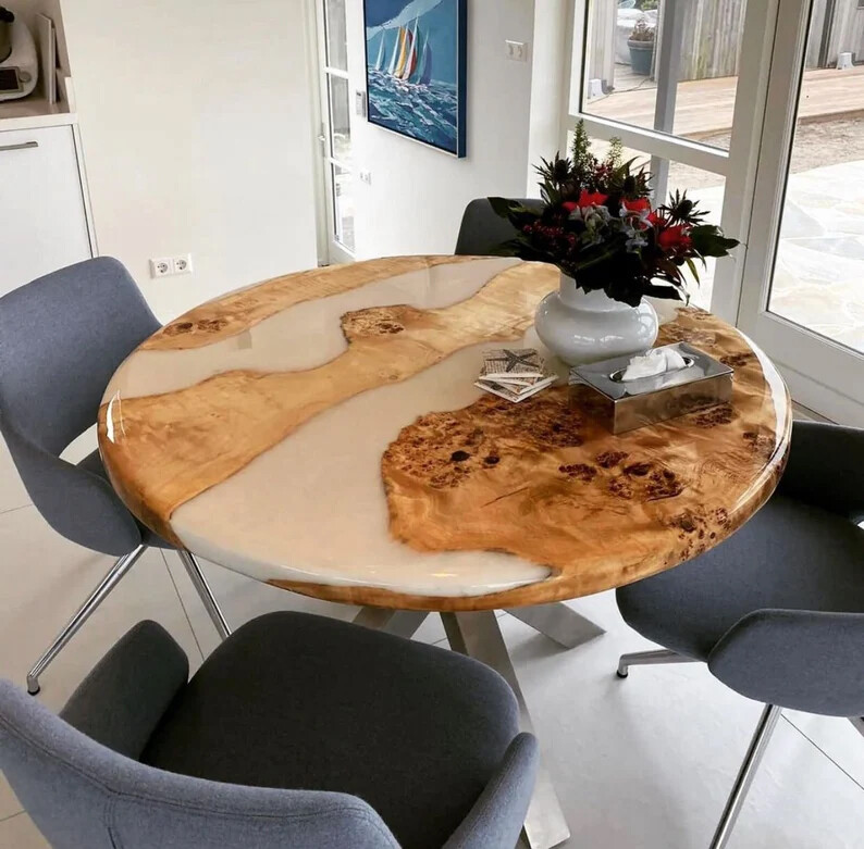 White Resin River Coffee End Center Top Table Handmade Wooden Working Interior