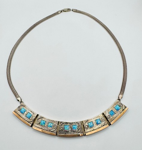 Collar gargantilla vintage de plata esterlina con incrustaciones de ópalo 925 firmado D.K. 38,9 g