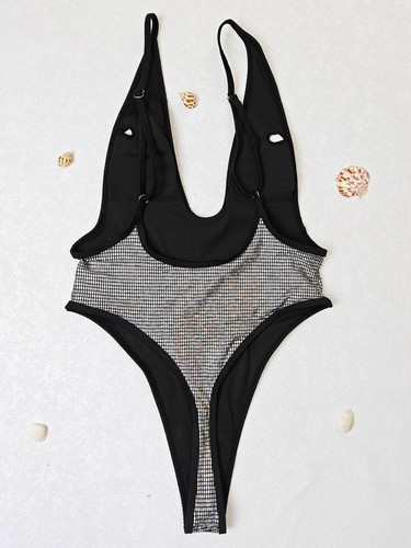 Damen One Piece Bodysuit Tanga glänzend Tauchausschnitt Overall Strand Badeanzug - Bild 9 von 32