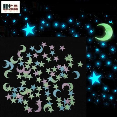 Glow In The Dark ~ 3D Stars Half Moon S M Size Stars Mix Colors ~ 100/200/300