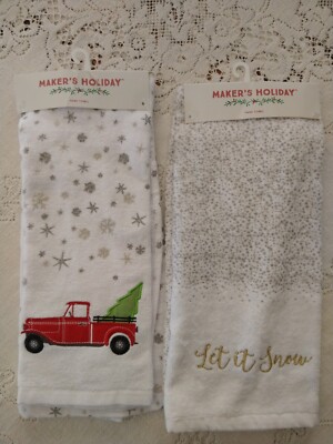 Lot of 2 Hand Towels Kitchen Red Farm Truck Let it Snow Maker's Holiday NWT