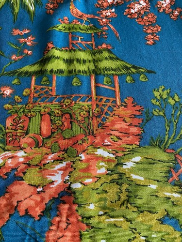 VINTAGE COTTON UNLINED CURTAINS HANDMADE 49" W X 69" L PAIR PAGODA FISHING - Picture 2 of 11