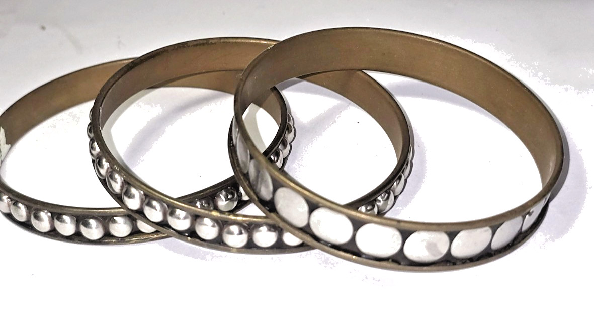 3 Stackable Bangle Bracelets Brass Tone Raised Si… - image 1