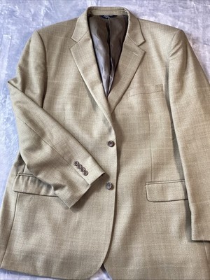 Joseph Feiss Gold Sport Coat 50L Tan Beige Wool Windowpane Plaid Blazer Jacket