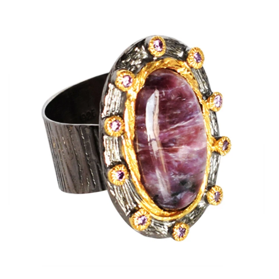 Anello da donna ovale in argento sterling 925 con pietra preziosa Charoite... - Immagine 2 di 4