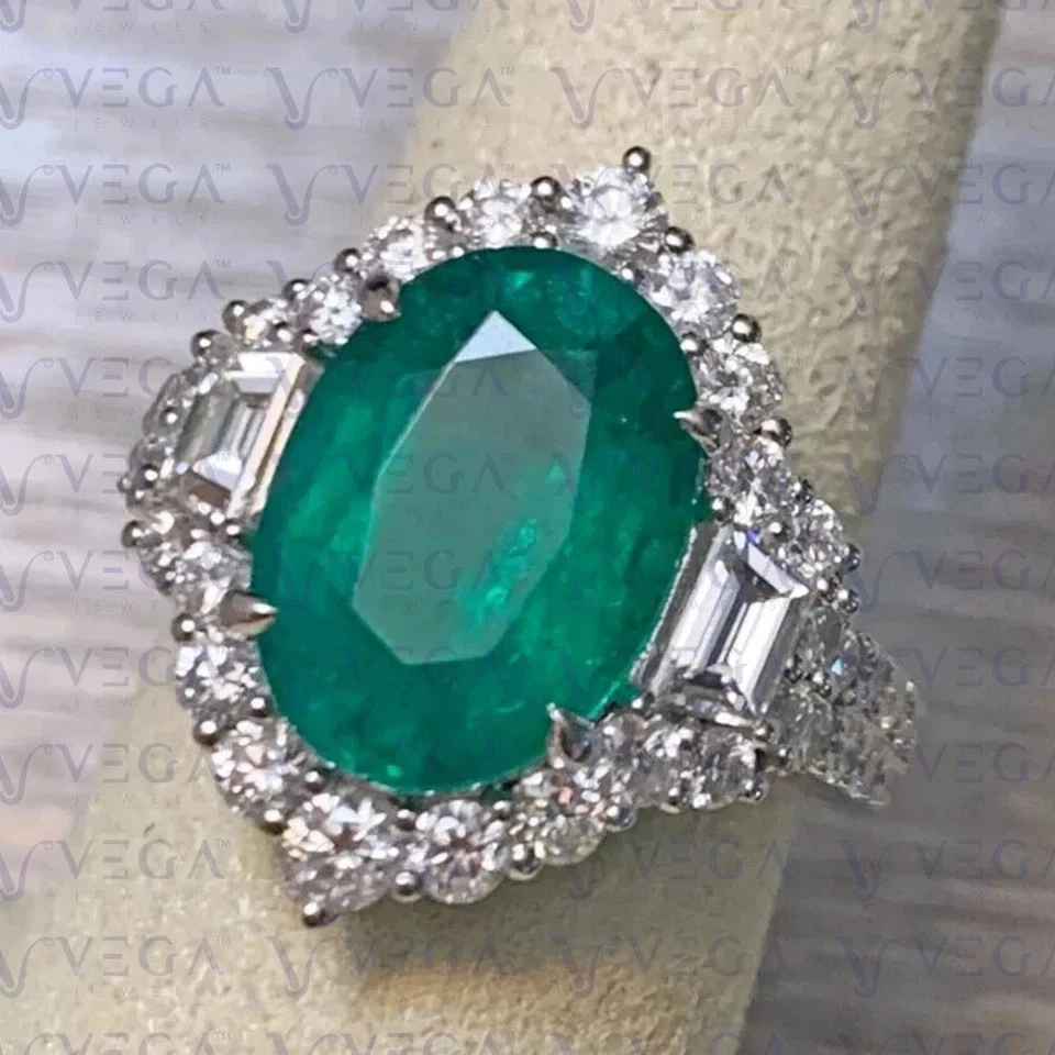 Oval Cut 6.43 Ct Natural Emerald & Diamond Wedding Ring Solid 18K White Gold - Image 3 of 4
