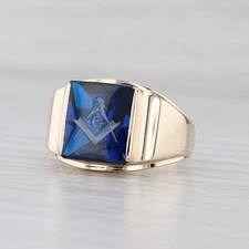 Masonic Signet Ring 10k Gold Lab Created Blue Spinel Blue Lodge Square Compass