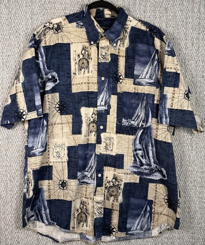 Vintage 90s Nautica Sailing Compass Map Button Shirt Mens L Cotton Nautical
