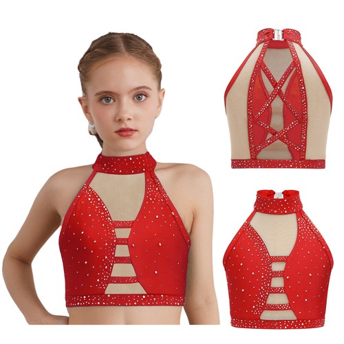 Mädchen Crop Top Eiskunstlauf BH Performance Weste Ballett Kostüm Jazz Modern - Bild 23 von 63