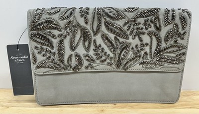 Abercrombie Fitch Faux Suede Clutch Purse Bag Embroidered Rhinestone Beaded Grey