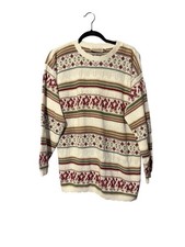 Season Ticket Cabin Sweater Vintage Size 1X White Pink Green Tan Made In USA