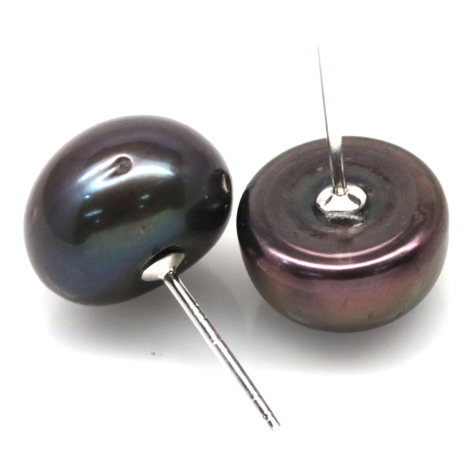 Banhado a ouro branco tailandês feito à mão 11 mm. Brincos de pérola magenta - Imagem 3 de 4