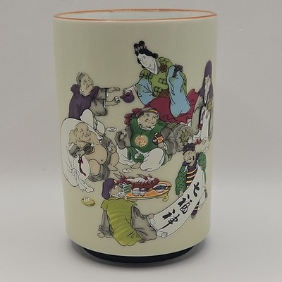 Japanese Tea Cup Yunomi Kutani Ware Chawan Matcha Seven Lucky Gods Auspicious JP