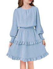 Girls Long Sleeve Dress Boho Tiered Ruffle Hem Midi Dress Light Blue Tween 16