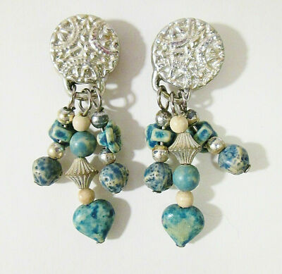 Country Western Blue Spongeware Finish Beaded Dangle Earrings Silver Tone 90s 