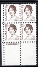 US Stamp Scott #1822, 15c, Dolley Madison, Zip Block of 4, MNH