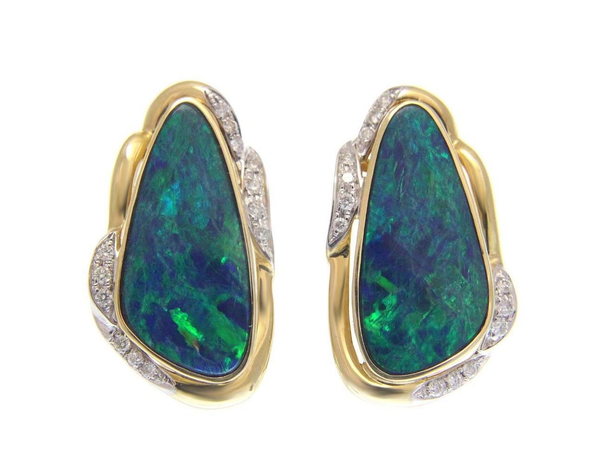 14k White Gold Genuine Australian Oval Opal & Diamond Earrings 14k White Gold Genuine Australian Oval Opal & Diamond Earrings