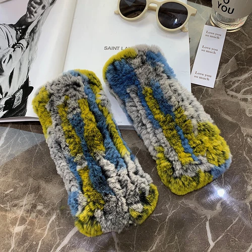 Womens Winter Real Rabbit Fur Gloves Knitted Stretch Fingerless Mitten Gloves - Picture 101 of 102