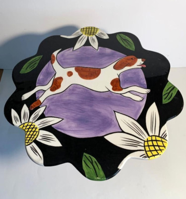  Groovy Dog and Cat Chaleur K Gelff L Cheng 12 inch x 7.5 Ceramic Cake Stand