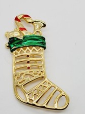 JJ Christmas Stocking Brooch Filled with Toys Gifts Enamel Gold tone Vintage #B