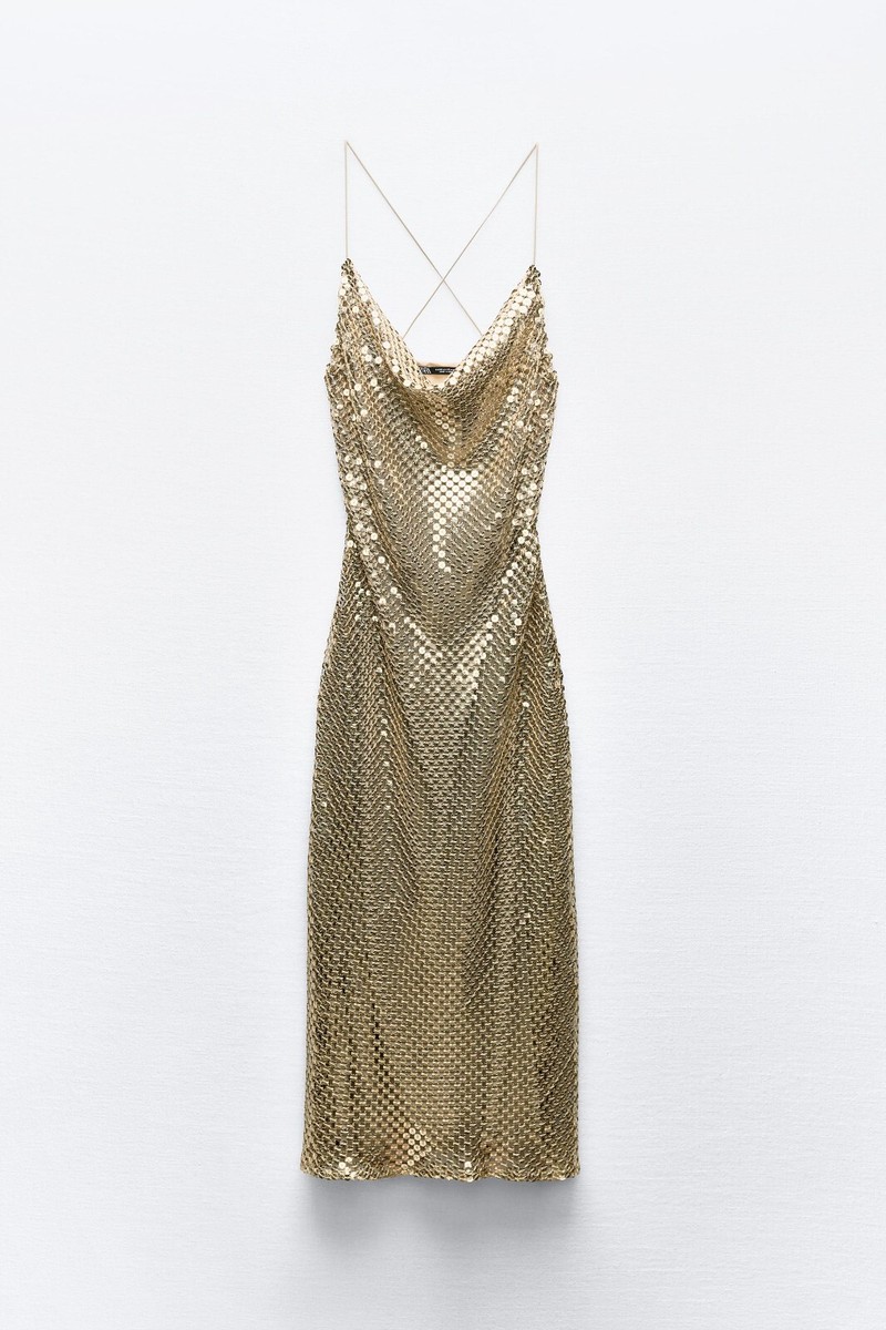 Zara Mesh Slip Midi Dress Gold Metallic Size XS Extra Small 3527/481 New |  eBay.de