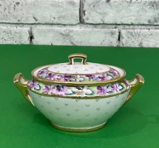 Hand Painted Embossed Porcelain Sugar Dish With Purple Floral & Gold Trim Design