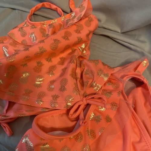Real Love Coral 2-Piece Girls Size 4T Swimsuit W/Metallic Gold Pineapple Design - Picture 3 of 8