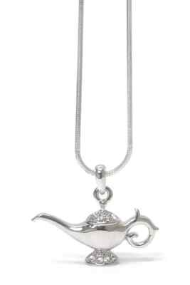 NEW CRYSTAL GENIE LAMP ALADDIN MAGIC CHARM PENDANT NECKLACE WHITE GOLD