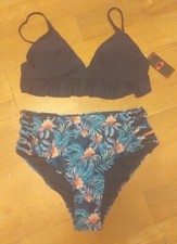 SHEKINI Women's Triangle Ruffled Blue Halter Two Piece Floral Swim Set NWT