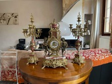 Trittico candelabri e orologio Barocchi in Ottone e Marmo Rosso di Sicilia