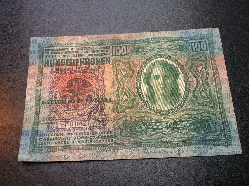 Austria Croacia 100 coronas 1912 + 2 x sello CITTA DI FIUME Consiglio Nazionale! Foto 2 de 3