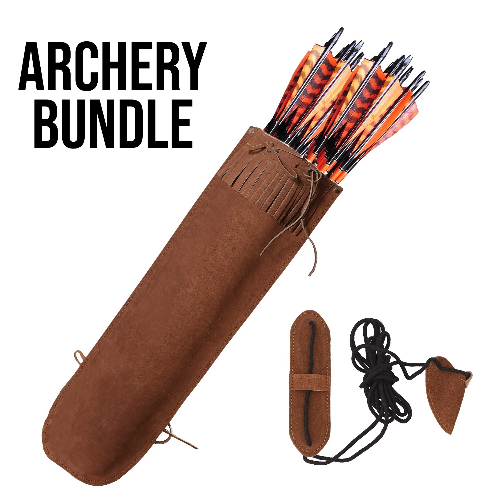 Handmade Brown Leather Archery Quiver with Bow Stringer | Traditional Arrow Hold