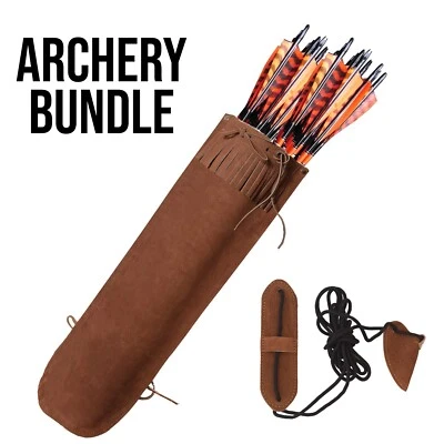 ARDOUR CRAFTS Handmade Brown Leather Archery Quiver with Bow Stringer | Traditional Arrow Hold
