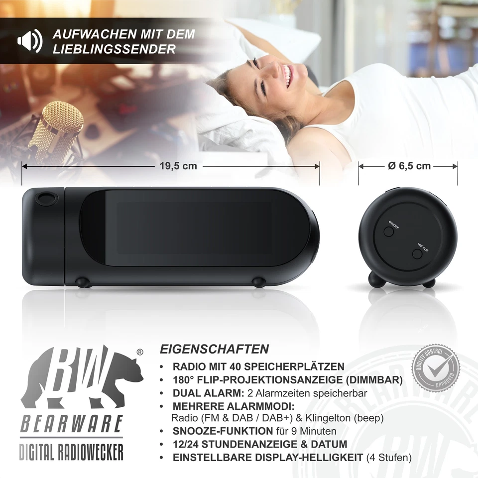Bearware Radiowecker, DAB+, LCD Display, Uhrzeit Projektion, schwarz - Bild 2 von 4