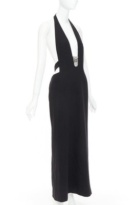 SAINT LAURENT 2022 Runway black plunge neck crystal low back wool dress FR40 L