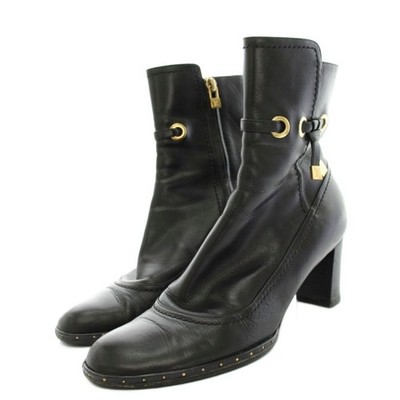 LOUIS VUITTON Short Boots Almond Toe Chunky Heel Leather Black Women's EU37/US6