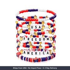 USA Patriotic Stretch Bracelet Set 4th of July Red White Blue Jewelry Gift