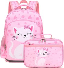 Kids School Backpack Cat Kindergarten Bookbag With Lunch Box Set Girls 46