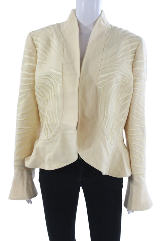 Ellen Tracy Women Beige Wool Angora Blazer Mock Neck Long Sleeve Size 14