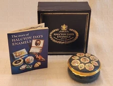 Vintage Halcyon Days Blue Flowered Panel Necklace Themed Enamel Trinket Box 