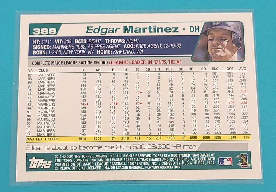 2004 Topps   #388 Edgar Martinez  Seattle Mariners Baseball Card R2 - Image 2 of 2