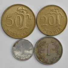 4x Finland Coin 1937, 1958 1 & 1953 50 Markkaa - 1963 20 Pennia